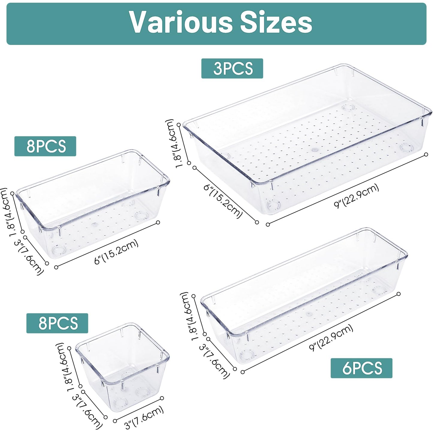 25 PCS Clear Plastic Drawer Organizer Set, 4 Sizes Desk Drawer Divider Organizers and Storage Bins for Makeup, Jewelry, Gadgets for Kitchen, Bedroom, Bathroom, Office